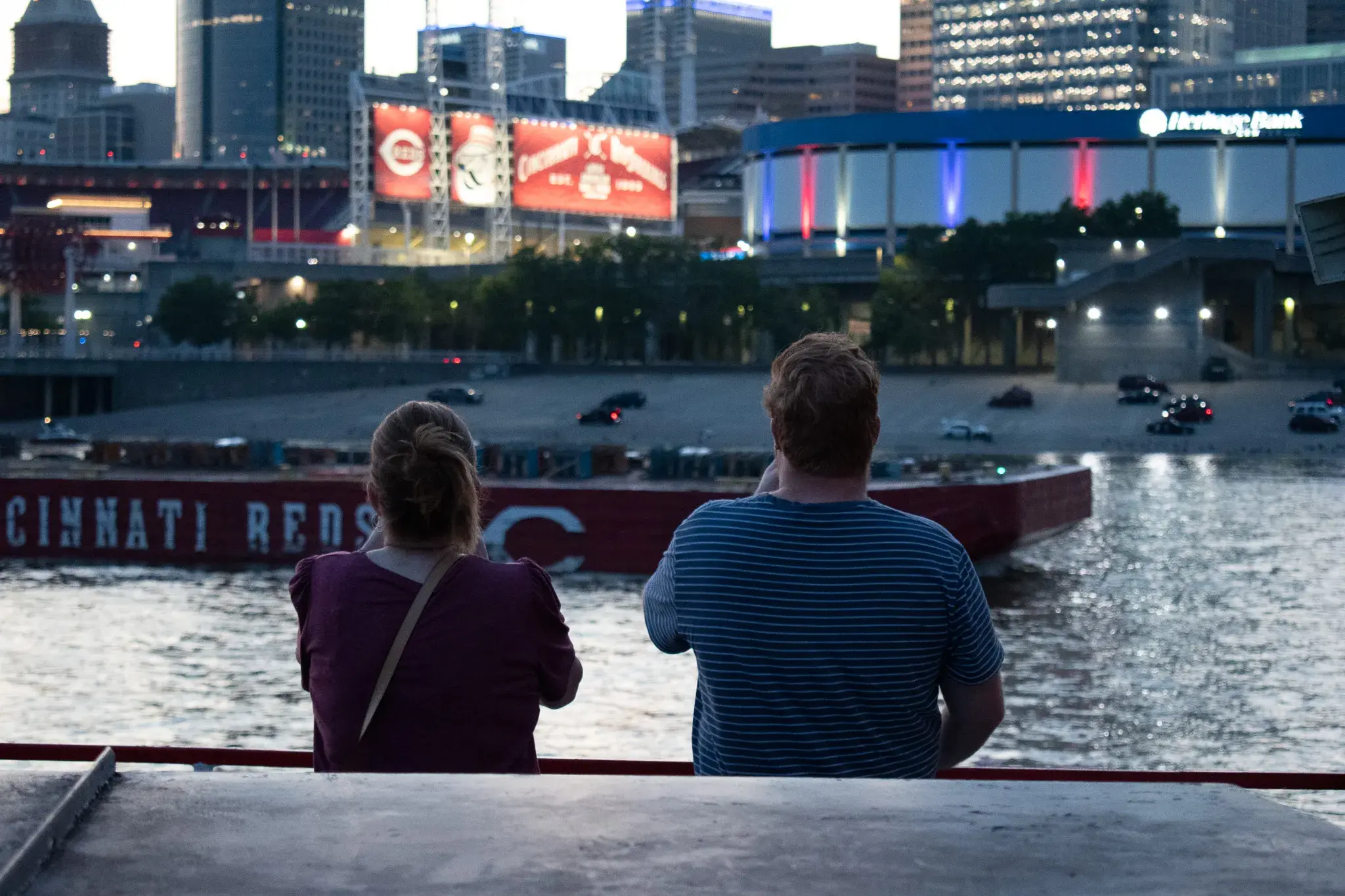 The Cincinnati skyline and Great American Ball Park seen from the river