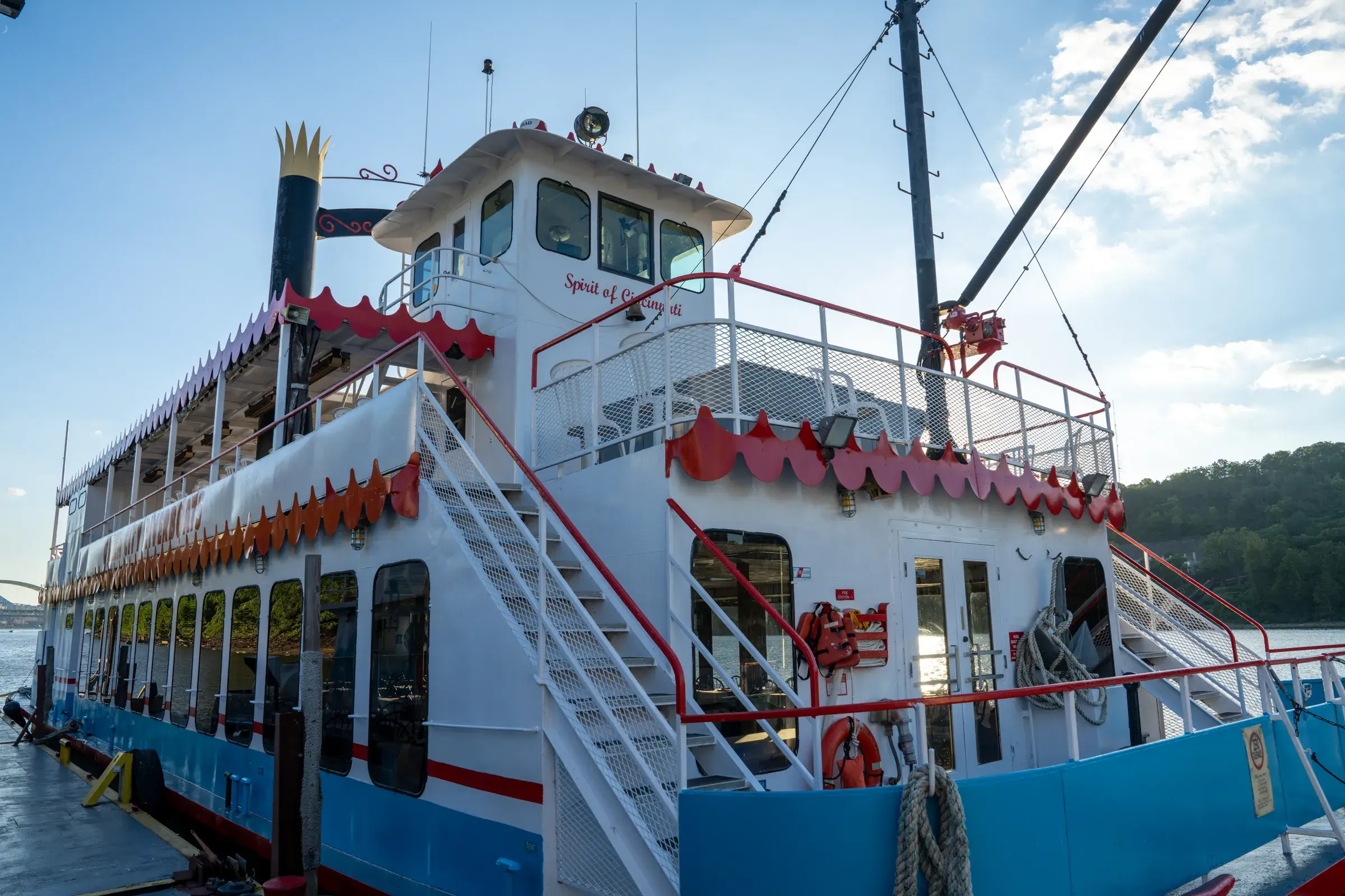 The Spirit of Cincinnati paddlewheel riverboat docked at the landing